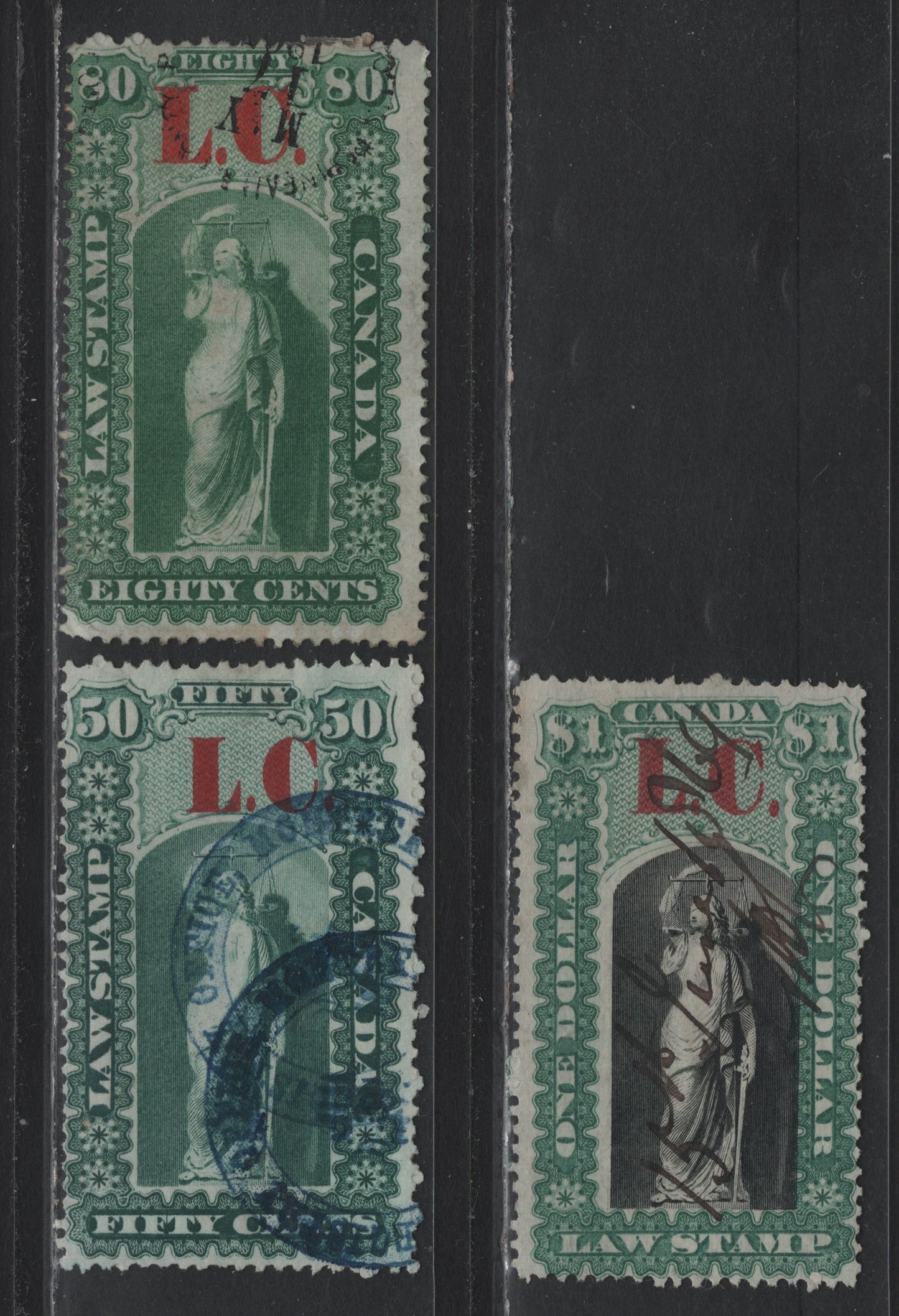 Lot 44 Canada - Quebec Van Dam#QL5, QL8,QL10 50c - $1 Green & Carmine - Green, Black & Carmine, 1864 Law Issue, 3 Fine Used Singles