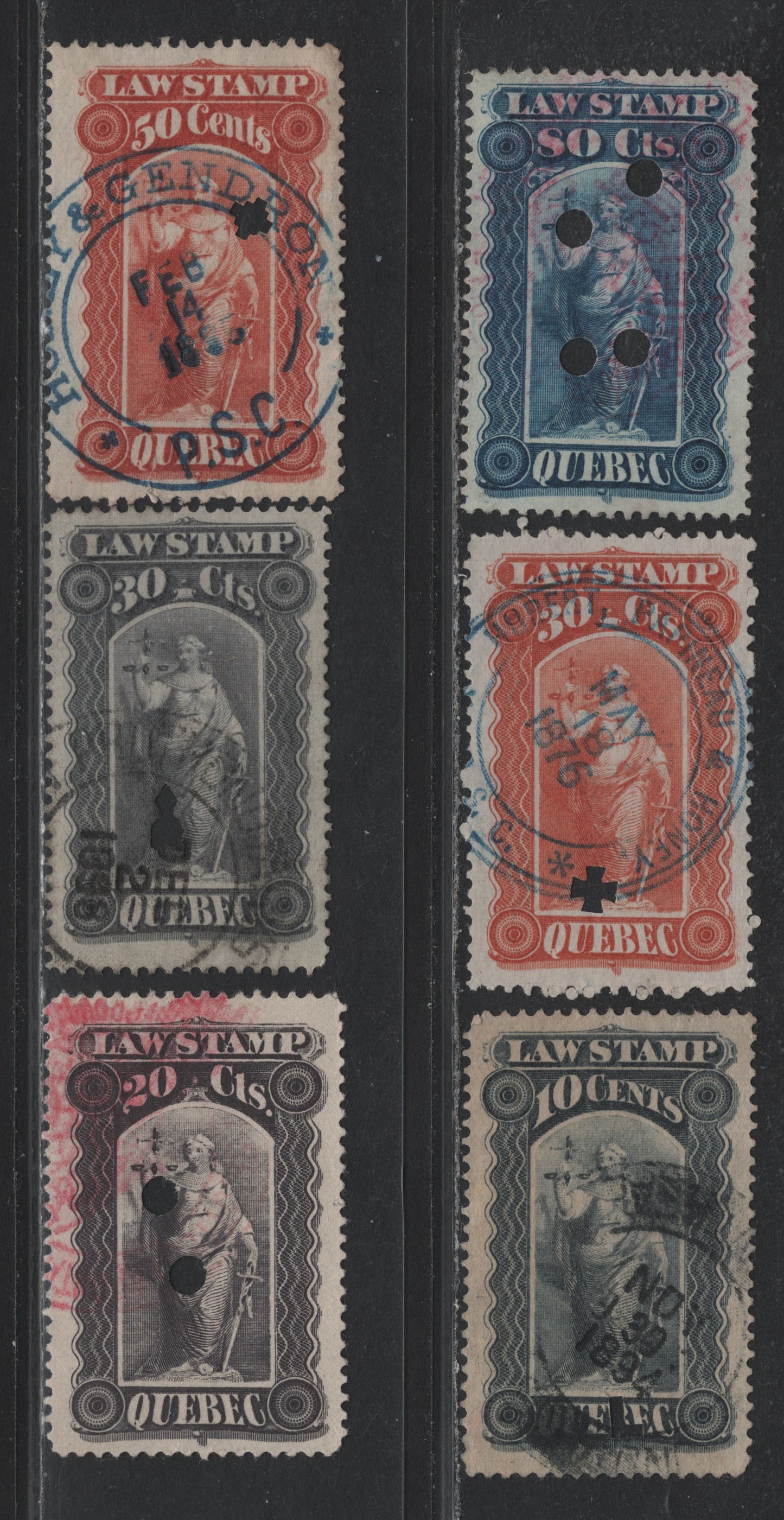 Lot 46 Canada - Quebec Van Dam#QL17, QL19, QL32-34, Ql41 30c - 80c Red - Blue, 1871-1906 Law Issue, 6 Very Fine Used Singles