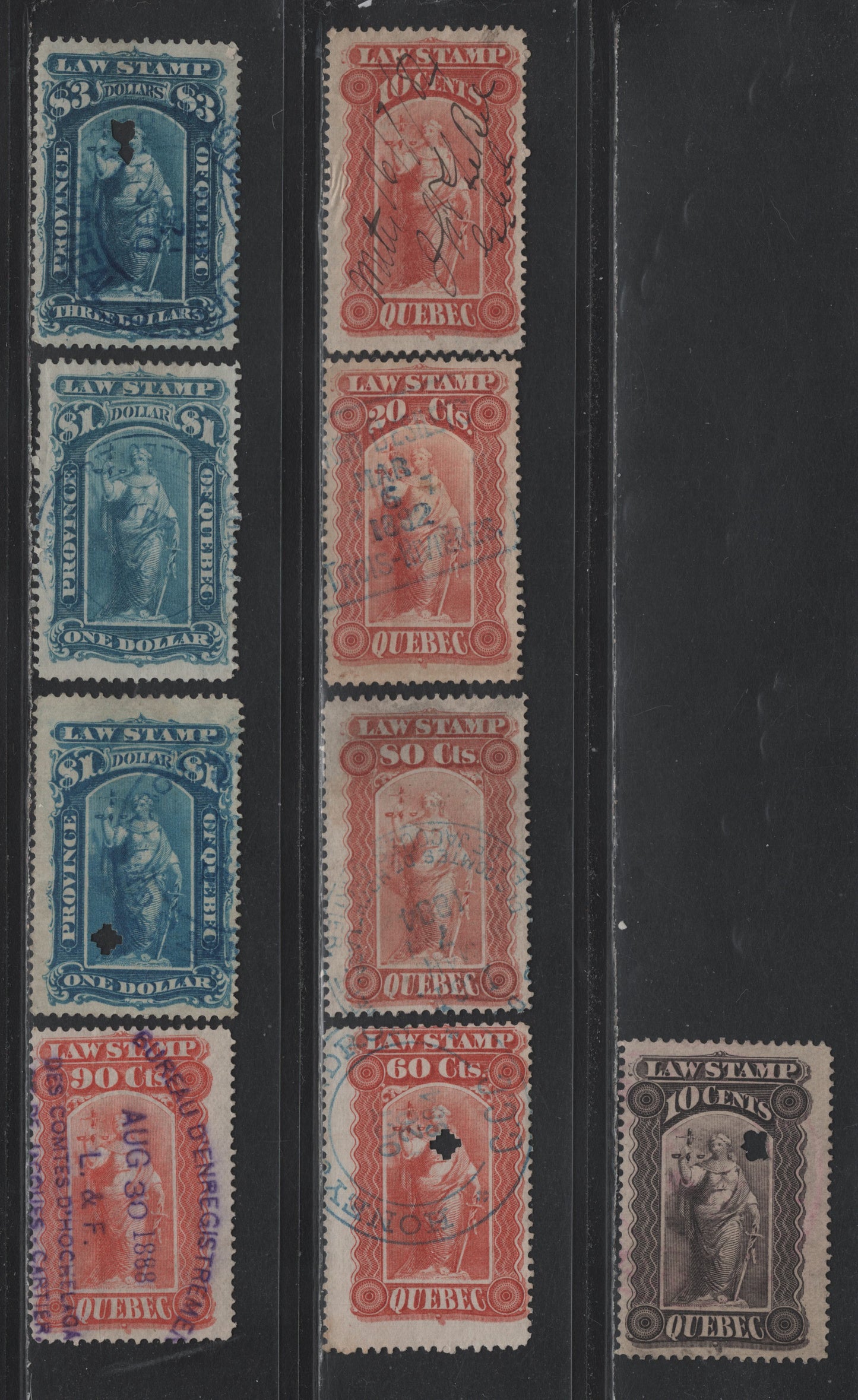 Lot 47 Canada - Quebec Van Dam#QL15-QL16, QL20, QL22-24, Ql26, QL32 10c Red - Gray Violet, 1870-1906 Law Stamp Issues, 8 Fine Used Singles