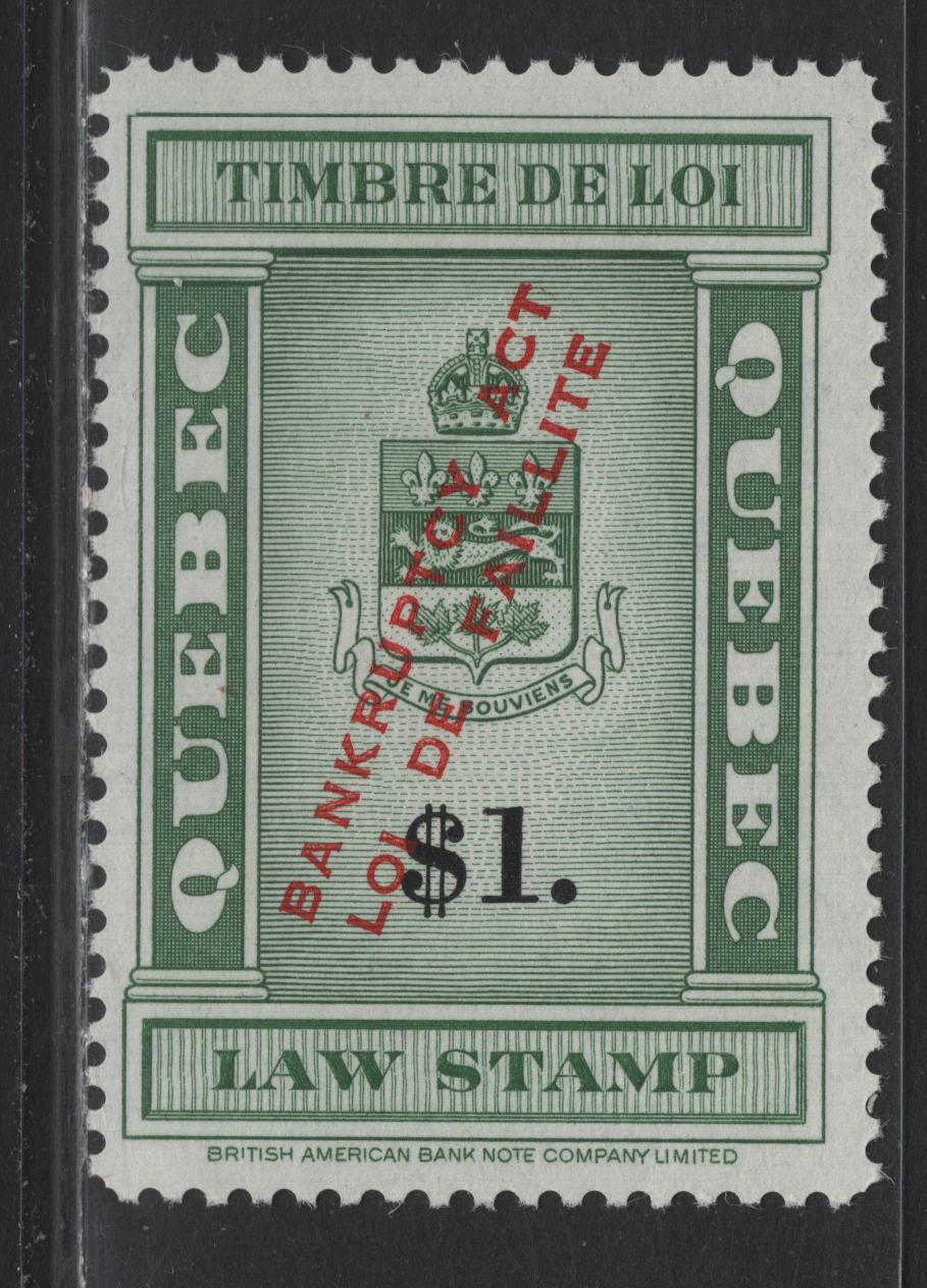 Lot 52 Canada - Quebec Van Dam#QL119 $1 Green & Black, 1969 Coat of Arms Revenue Issue, A FNH Single, As Lot 51, But Fine