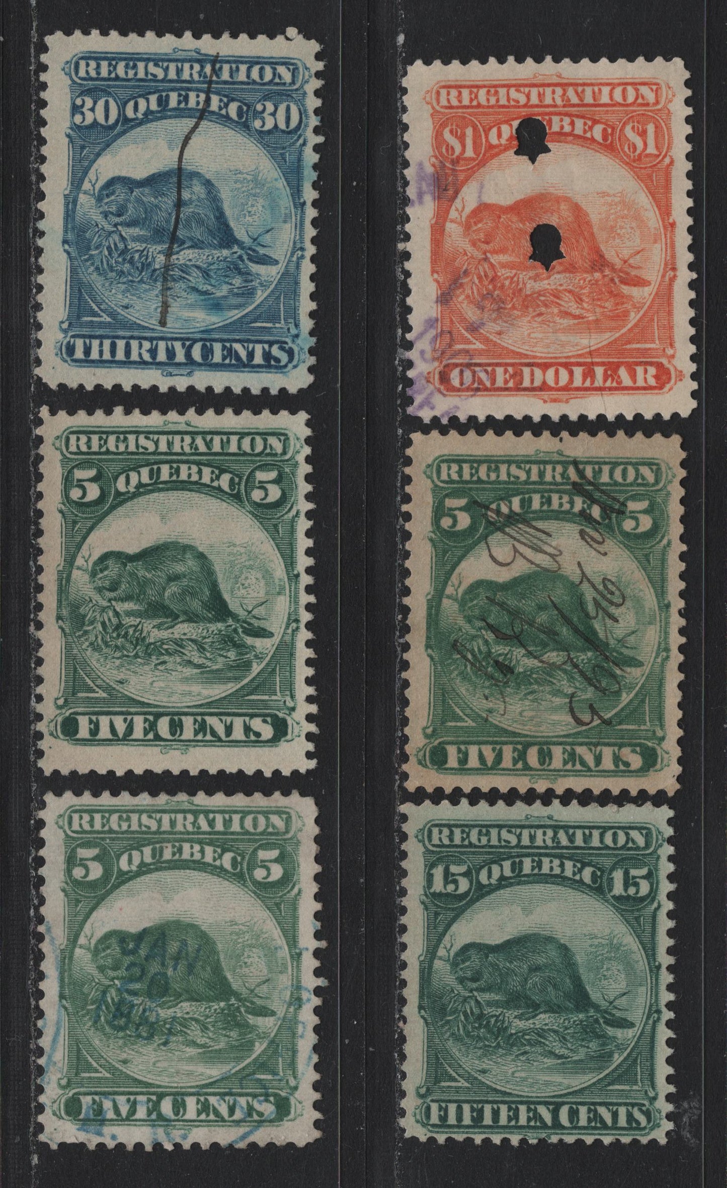 Lot 53 Canada - Quebec Van Dam#QR5-QR11 5c - $1 Green - Orange, 1870 Beaver Registration Issue, Very Fine Used Singles, Perfs 12, 11.75 (2 Shades P.12)