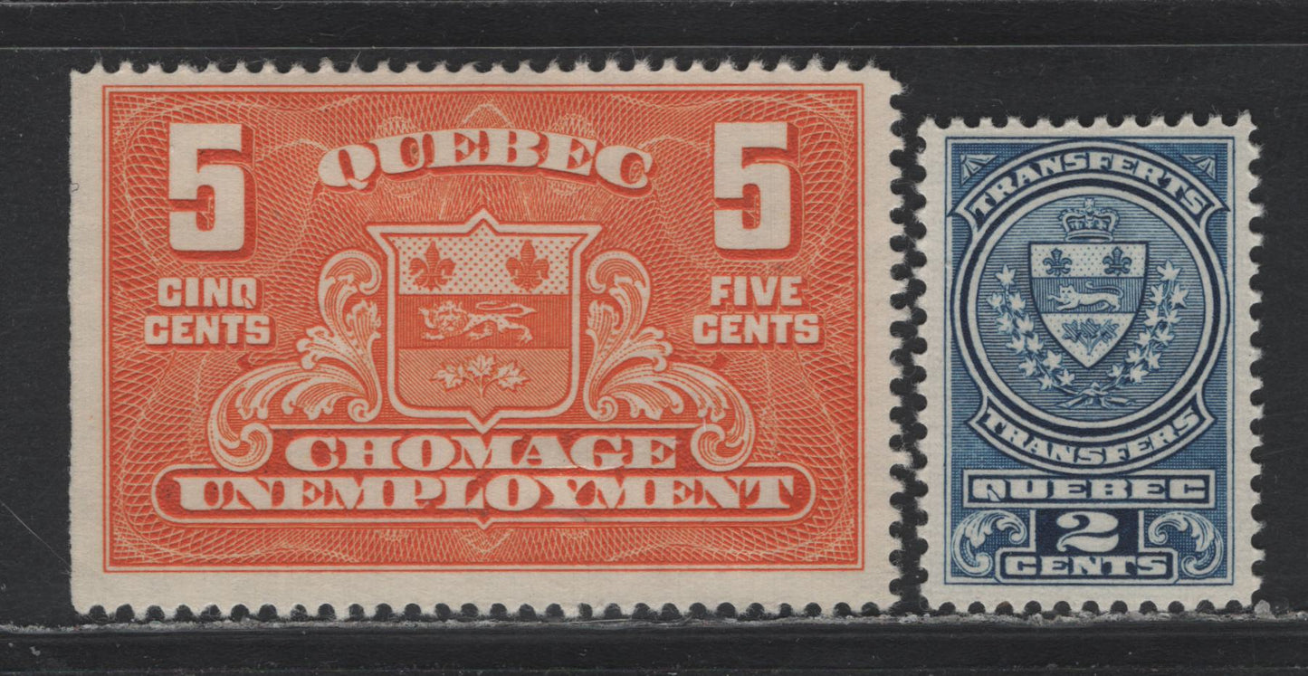 Lot 54 Canada - Quebec Van Dam#QST10, QU1 2c - 5c Blue - Orange, 1913-1939 Bilingual Stock Transfer - Unemployment Relief Tax Issues, 2 F/VFOG/NH Singles