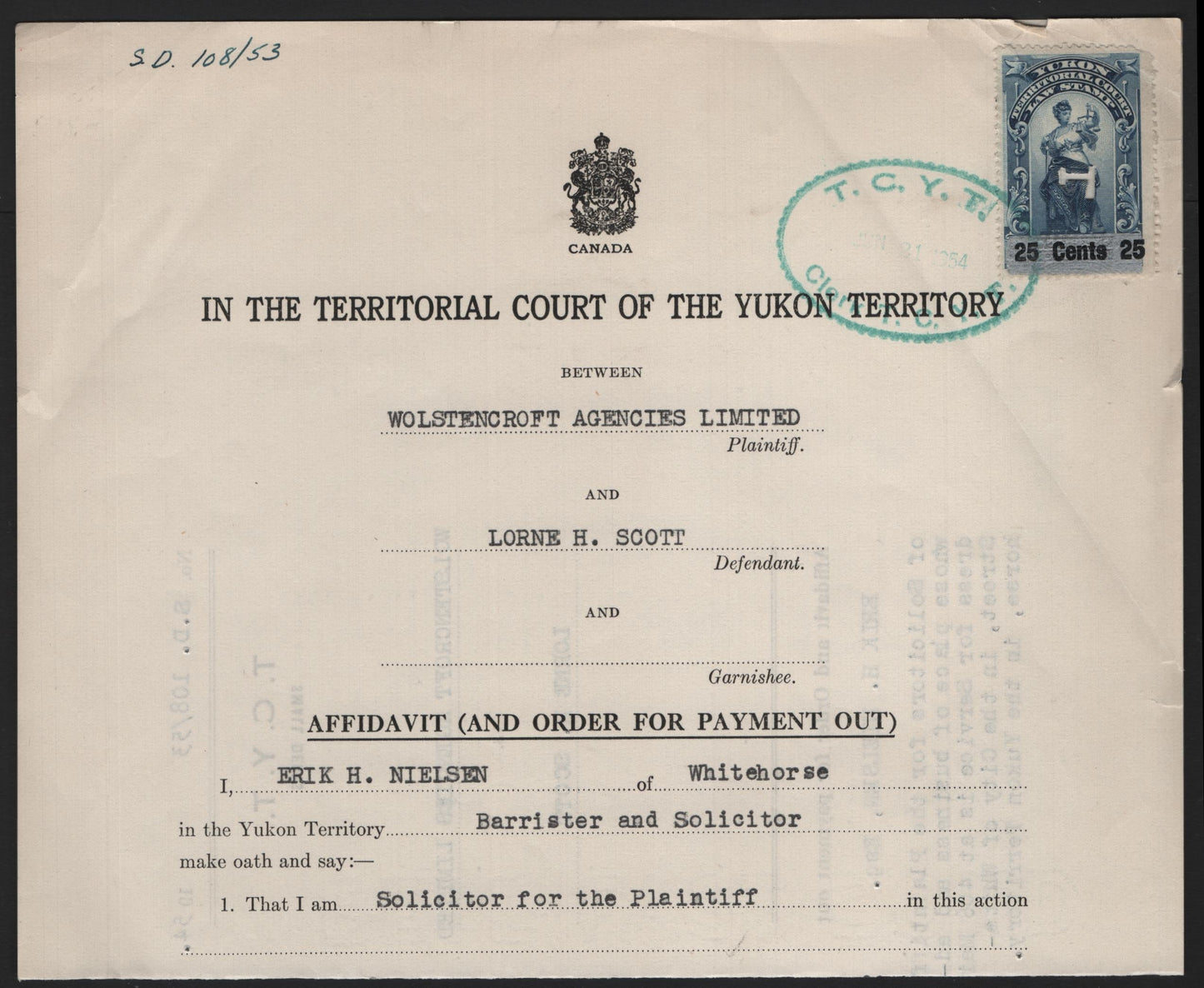 Lot 58 Canada - Yukon Territory Van Dam#YL13 25c on 10c on 10c Silver, 1902 - 1953 Law Issue, A Very Fine Used Single, Affixed to 1953 Law Court Judement For A Debt, Small Crease On The Stamp At UL