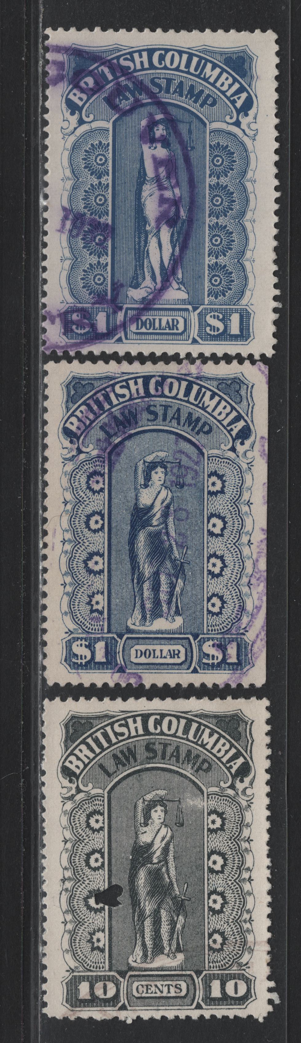 Lot 6 Canada - BC Van Dam#BCL-22, BCL26, BCL31 10c - $1 Gray - Blue, 1912-1932 Fifth & 6th Legal Series, 3 Very Fine Used Singles, Province Of British Columbia, One With Pin-Perfs & One With Regular