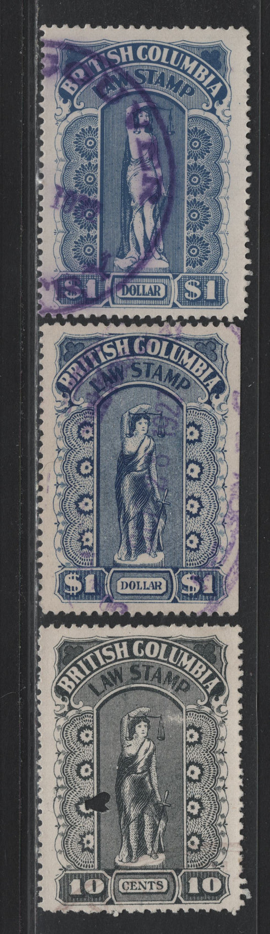 Lot 6 Canada - BC Van Dam#BCL-22, BCL26, BCL31 10c - $1 Gray - Blue, 1912-1932 Fifth & 6th Legal Series, 3 Very Fine Used Singles, Province Of British Columbia, One With Pin-Perfs & One With Regular