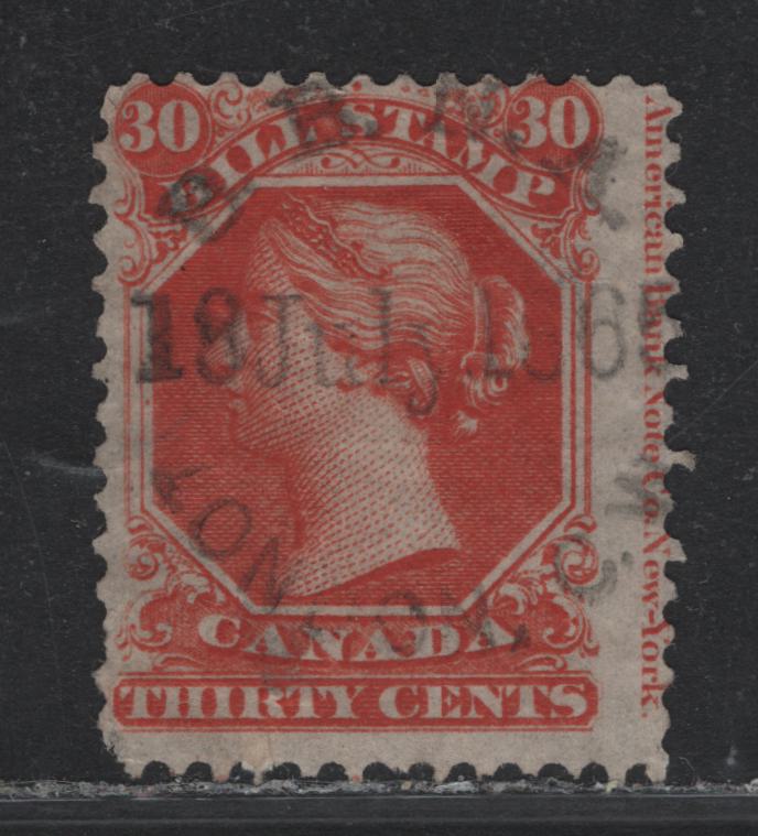 Lot 62 Canada Van Dam#FB30 30c Red, 1865 Second Bill Issue, A Very Good Used Single, Perf 12