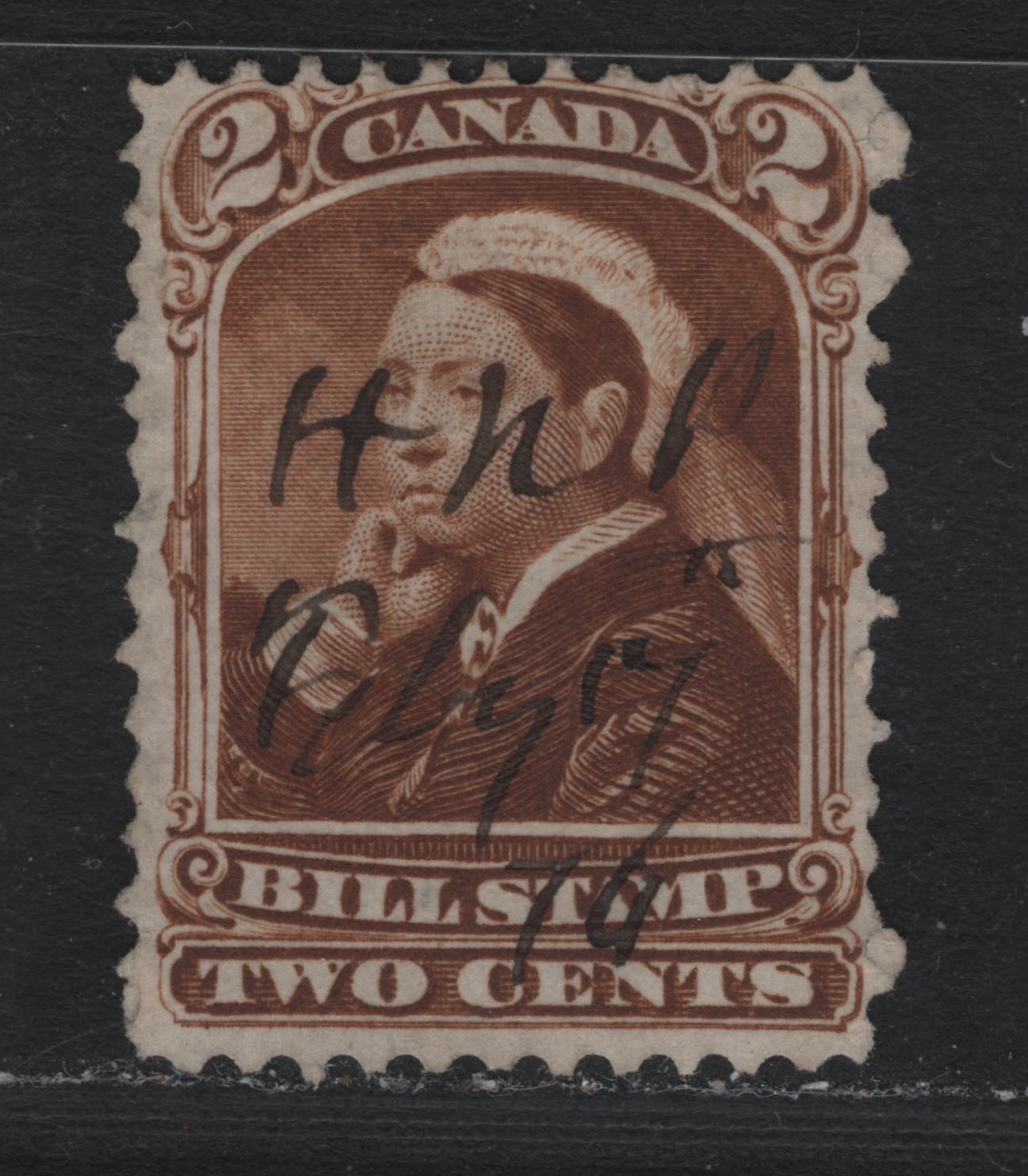 Lot 68 Canada Van Dam#FB38 2c Brown, 1868 Third Bill Issue, A Fine Used Single, Perf 12, Thin Vertical Wove Paper, Unlisted In Van Dam's Table, But Most Values On This Paper Are 5-6x The Price Of A Thick Paper Stamp.