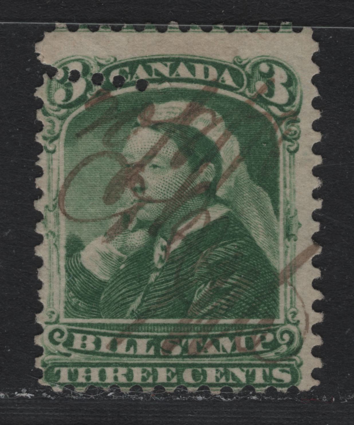 Lot 70 Canada Van Dam#FB40var 3c Green, 1868 Third Bill Issue, A Fine Used Single, Perf 12, Stout Horizontal Wove Paper, Showing Freak Additional Part Row Of Perforations At The Top, Extending Through Left 3 And Down To Just Below N of Canada.