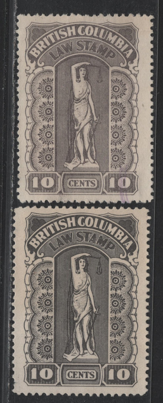 Lot 7 Canada - BC Van Dam#BCL32a-b 10c Gray & Gray Black, 1933-1941 7th Series Legal Issues, 2 Very Good Used Singles, Showing Broken Border Lines In The Left Value Tablet, Province Of British Columbia