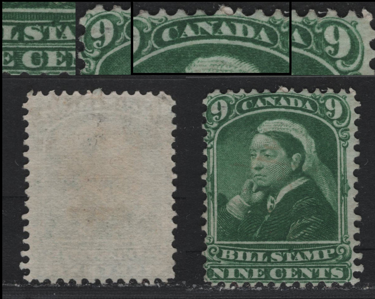 Lot 73 Canada Van Dam#BV46var 9c Green, 1868 Third Bill Issue, A Fine Used Single, Perf 12, Thin Paper, Showing Unlisted Re-Entry In Canada, And Both Upper Scrolls, And A Major Break In Frame Above Stamp, Very Light Pen Cancel.