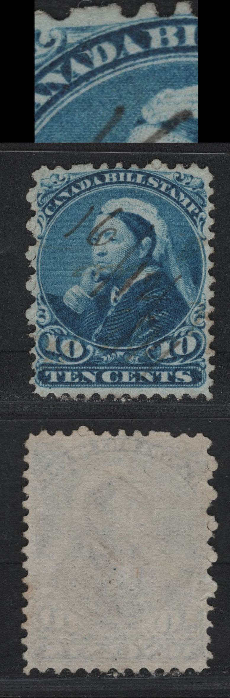 Lot 74 Canada Van Dam#FB47var 10c Light Blue, 1868 Third Bill Issue, A Very Fine Used Single, Perf 11.75x12, Thin Horizontal Wove Paper, Showing Unlisted Cracked 'D' of Canada.