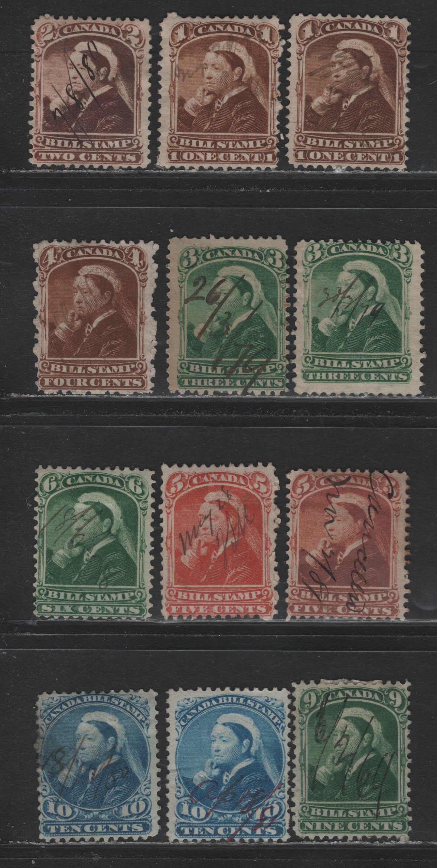 Lot 82 Canada Van Dam#FB37, FB39-43, FB46 1c - 10c Brown - Blue, 1868 Third Bill Issue, 12 Fine Used Singles, Perf 12, Different Horizontal Wove Papers, Some Shade Variations.