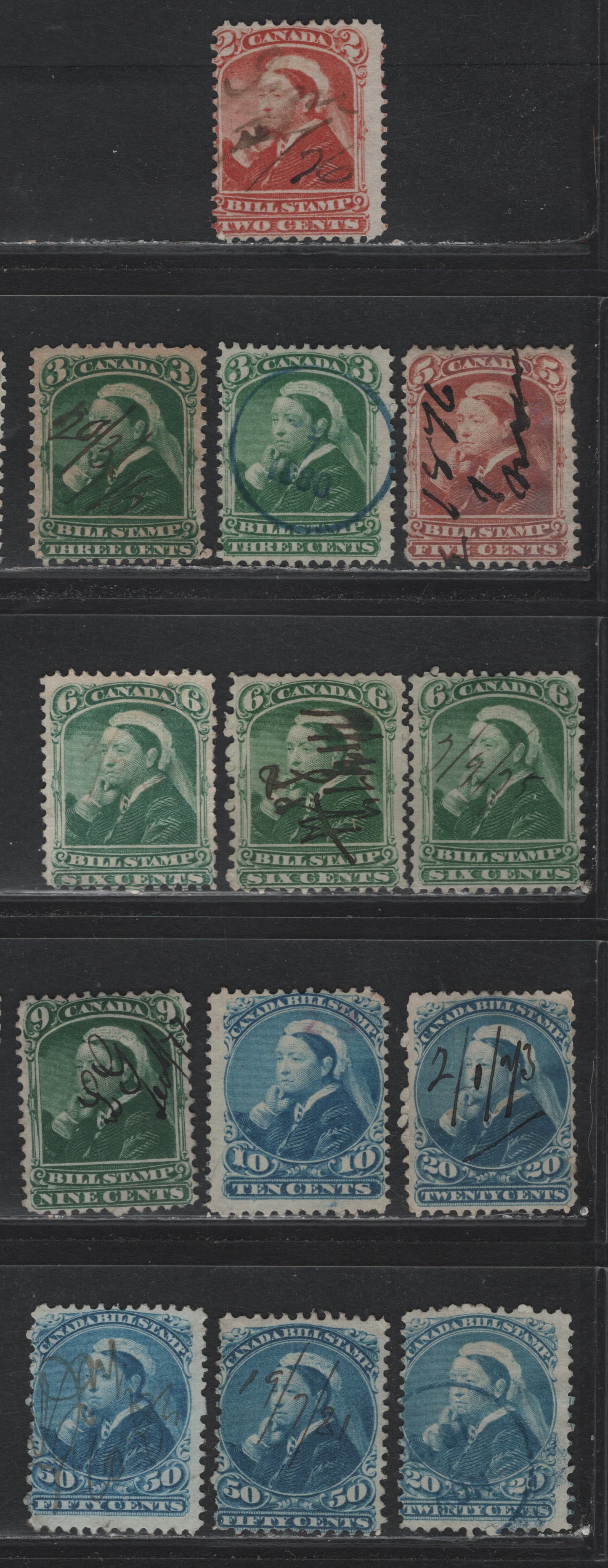 Lot 84 Canada Van Dam#FB39-41, FB43, FB46-48, FB51 2c - 50c Orange - Blue/Light Blue, 1868 Third Bill Issue, 13 Very Good/Fine/Very Fine Used Singles, Perf 11.75x12, Stout & Thick Horizontal Wove Papers, Some Shade Variations.