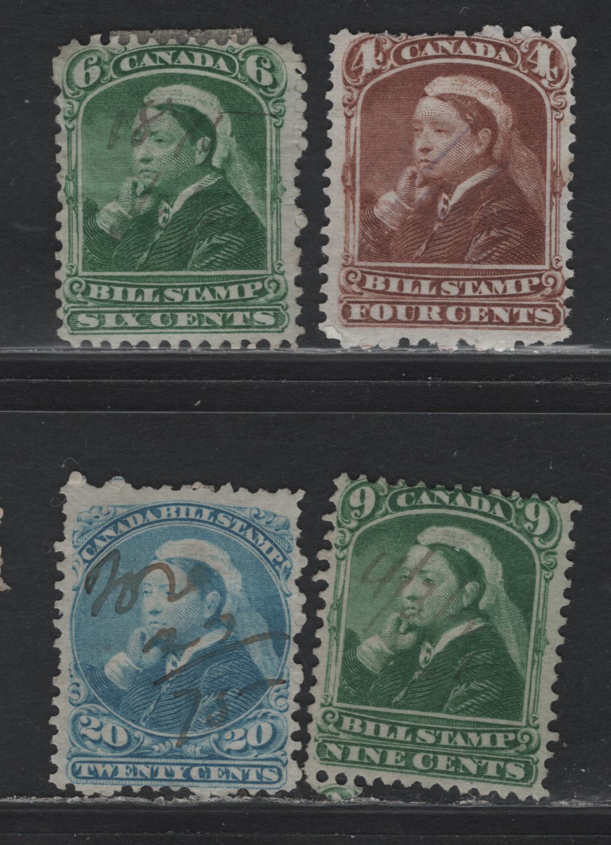 Lot 86 Canada Van Dam#FB41, FB43, FB46, FB48 4c - 20c Brown - Light Blue, 1868 Third Bill Issue, 4 Very Good Used Singles, Perf 12, Thin (Horizontal Wove) Paper, A Horizontal Crease On the 6c & Several Short Perfs On 4c.