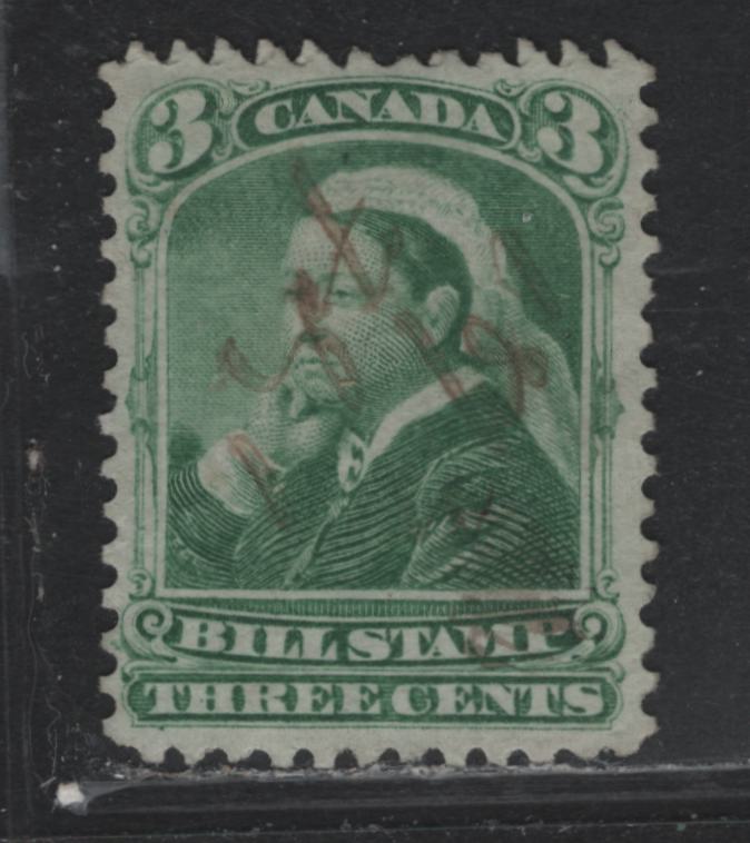 Lot 89 Canada Van Dam#FB40var 3c Light Green, 1868 Third Bill Issue, A Very Fine Used Single, Thinner Stout Wove Paper, Perf 12.2x12