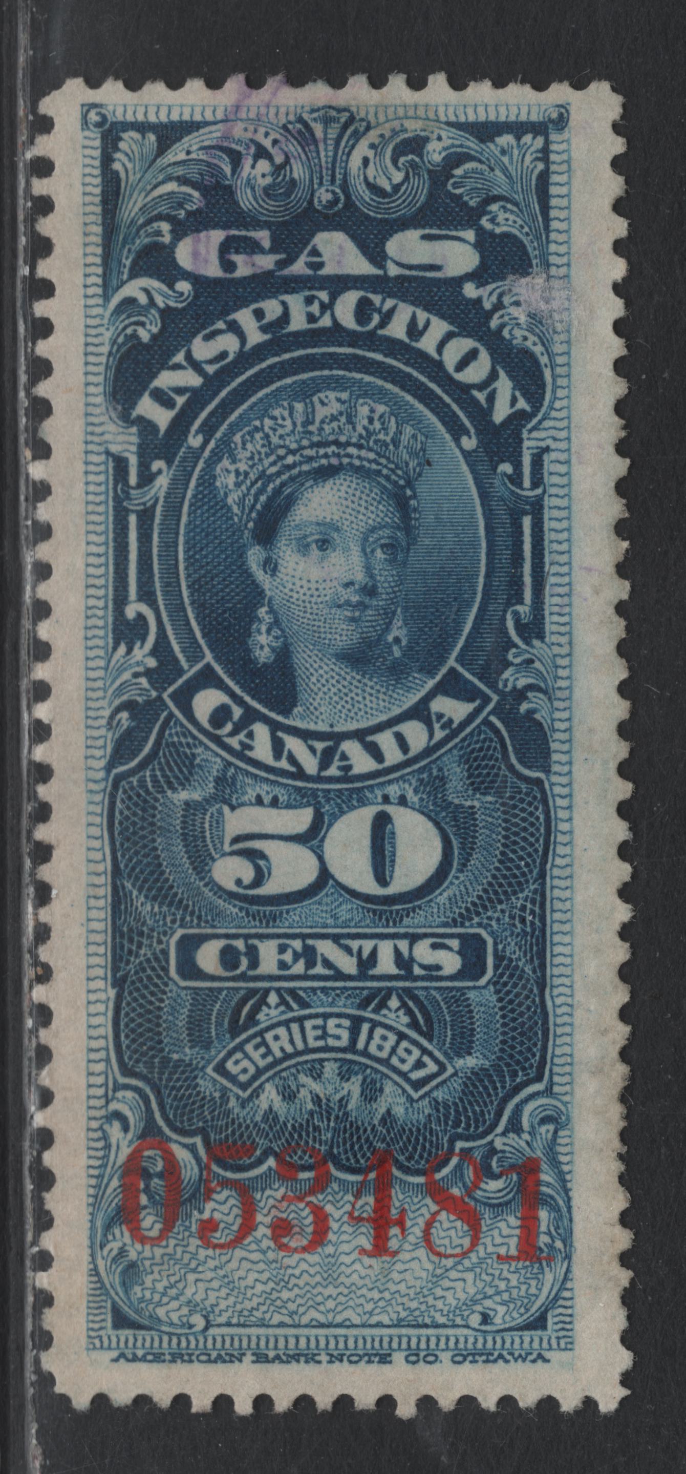 Lot 93 Canada Van Dam#FG19var 50c Blue, 1897 Gas Inspection Issue, A Very Fine Used Single, Red Control Number, Showing Control Number Wildly Misplaced