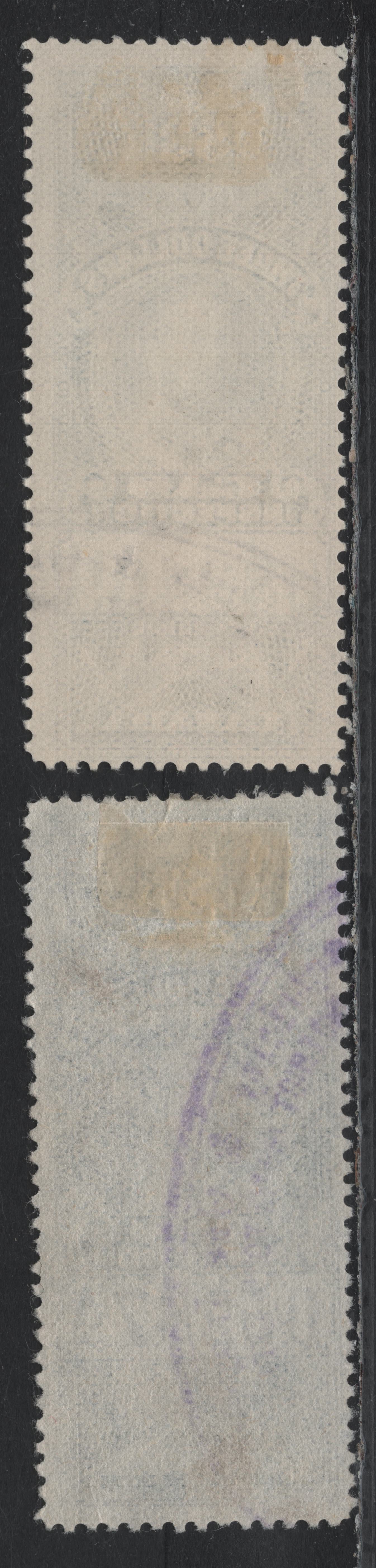 Lot 95 Canada Van Dam#FG31,a $3 Blue, 1915 KGV Gas Inspection Issue, 2 Fine Used Singles, Blue Control Numbers, Dry & Wet Printings