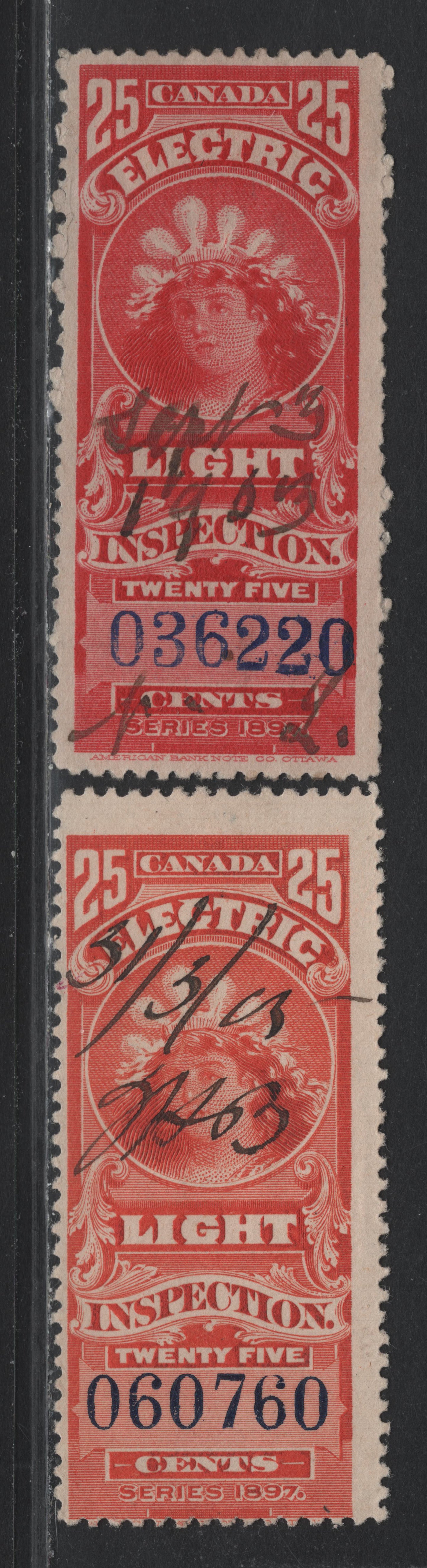 Lot 98 Canada Van Dam#FE8-9 25c Vermillion - Carmine, 1900 Electric Light Inspection Issue, 2 Fine Used Singles