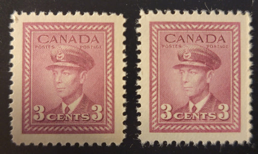 Lot 379 Canada SC#252 3c Light Reddish Rosy Purple & Light Rosy Purple King George VI, 1942-1949 War Issue, 2 VFNH Singles On Papers CBN-HHHHHHH, Perf. 12 x 11.9 and CBN-YYYYY