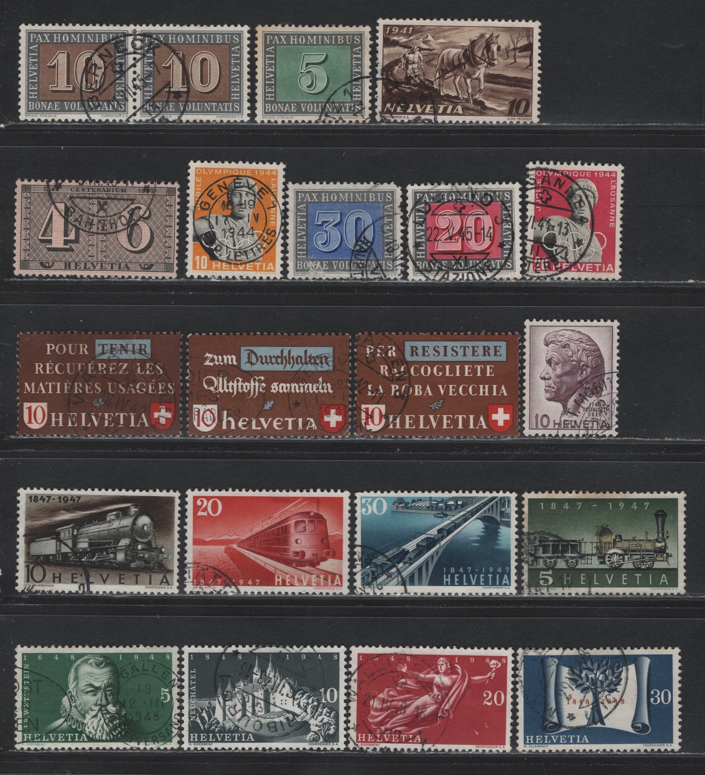 Lot 102 Switzerland Scott#279, 281-283, 287, 290-291, 293-296, 306, 308-315 10c - 30c Brown & Buff - Dark Blue & Red , 1941-1948 Nat'l Agriculture Development Plan - Acknowledgement of Swiss Confederation Issues, 20 Very Fine Used Singles