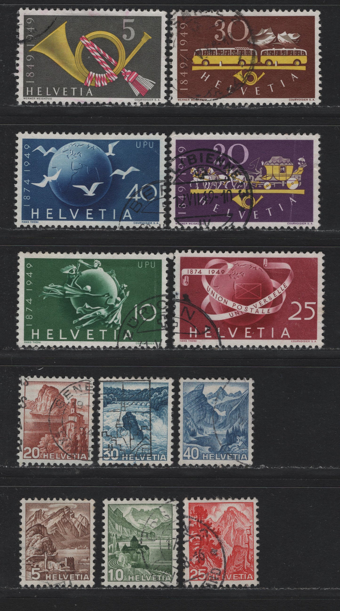Lot 103 Switzerland Scott#316-327 5c - 30c Chocolate - Dark Orange Brown Gray & Yellow , 1948-1949 Pictorial Definitves - Cent. Of Establishment of Federal Post Issues, 12 Very Fine Used Singles