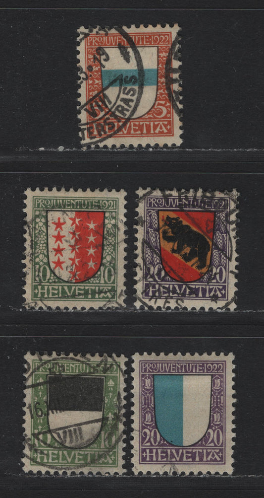 Lot 108 Switzerland Scott#B18-B19, B21-B23 10c - 20c Green, Red & Black , 1921-1922 Arms Semi Postal Issue, 5 Very Fine Used Singles