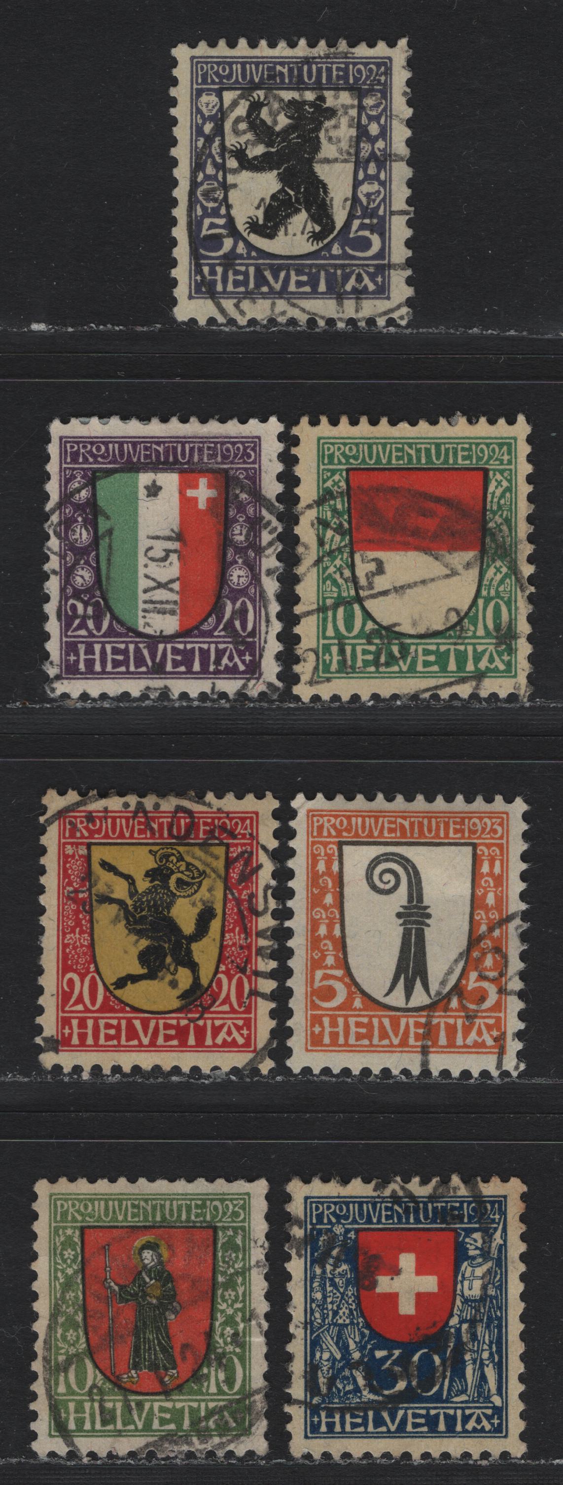 Lot 109 Switzerland Scott#B25-B27, B29-B32 5c - 30c Orange & Black - Blue, Red & Black , 1923-1924 Arms Semi Postal Issue, 7 Very Fine Used Singles