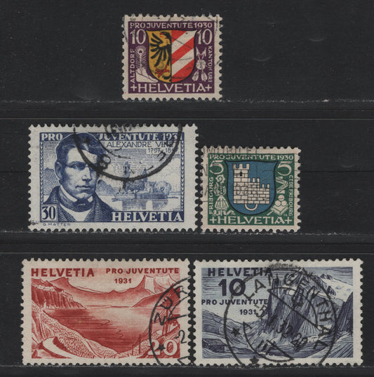 Lot 113 Switzerland Scott#B53-B60 5c - 30c Deep Green, Dull Blue & Black - Ultramarine , 1930-1931 Semi Postal Issue, 5 Fine/Very Fine Used Singles, B55 Has A Round Corner