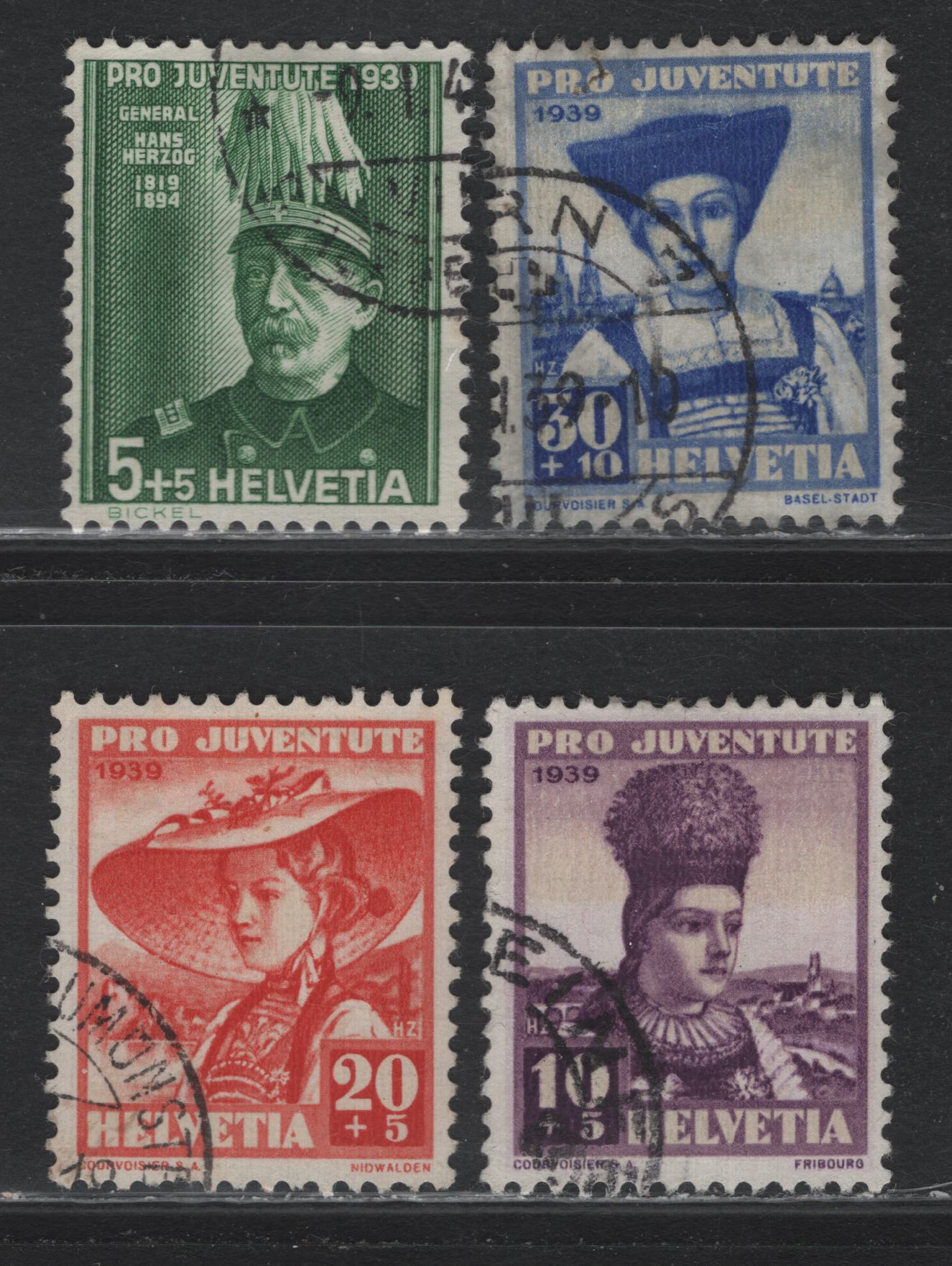 Lot 119 Switzerland Scott#B96-B99 5c+5c - 30c+10c Dark Green - Ultramarine & Buff , 1939 Semi Postal Issue, 4 Very Fine Used Singles