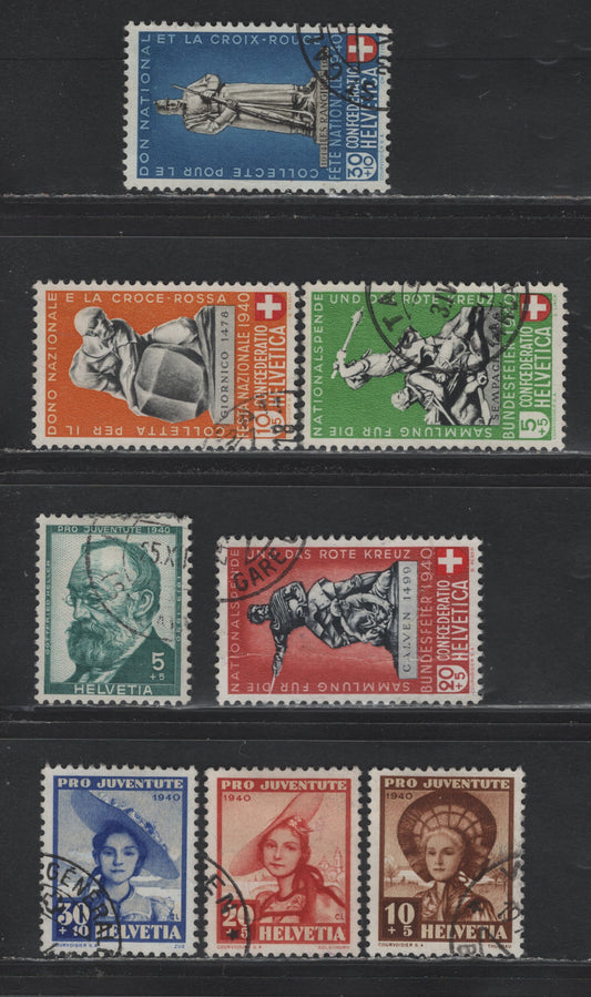 Lot 120 Switzerland Scott#B100-B103, B106-B109 5c+5c - 30c+10c Emerald, Black & Red - Deep Ultramarine & Buff , 1940 National Fete Day - Semi Postal Issues, 8 Very Fine Used Singles, B102 Has A Vertical Crease & Not Counted
