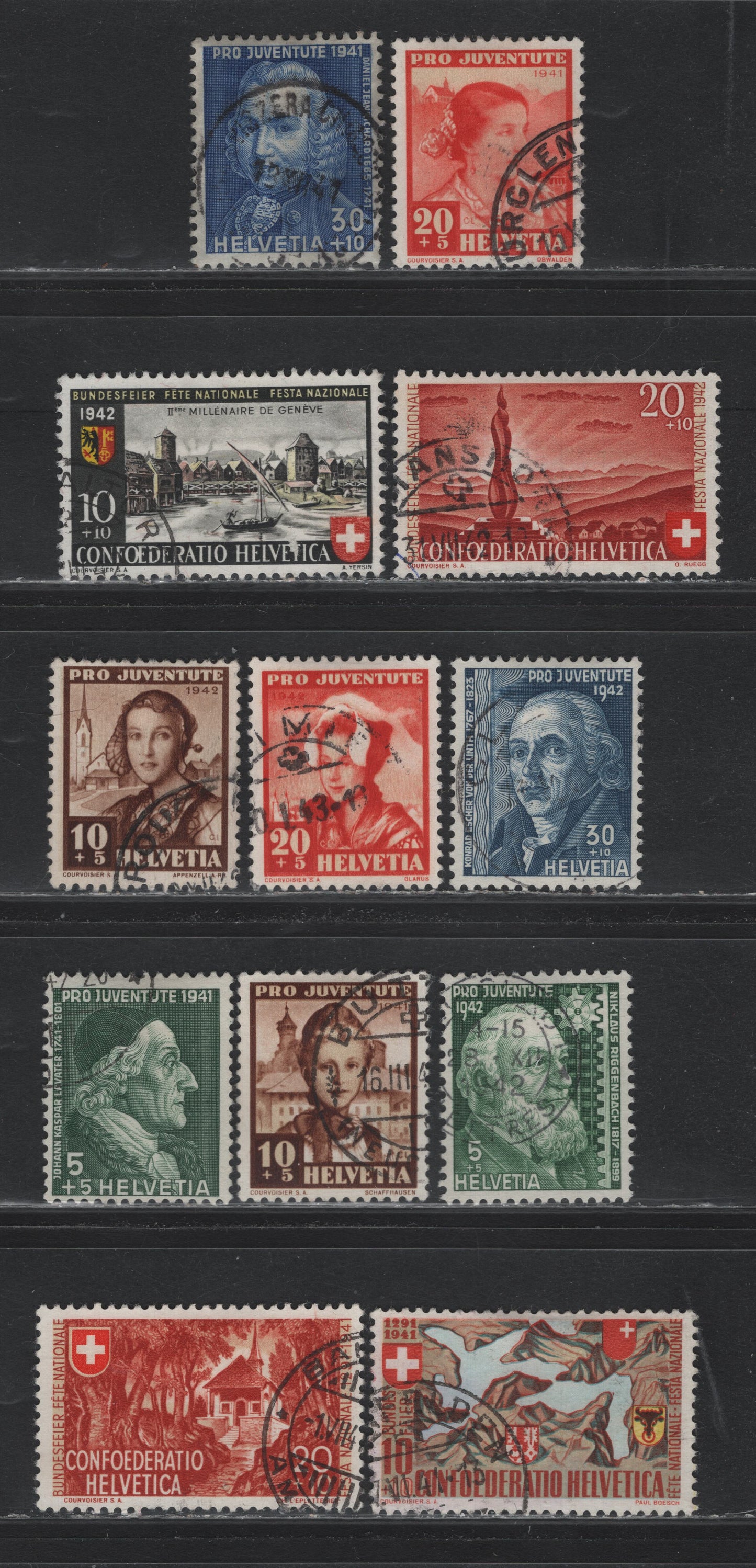 Lot 121 Switzerland Scott#B110-B115, B117-B118, B120-B123 5c+5c - 20c+5c Dark Green - Orange Red , 1941-1942 National Fete Day - Semi Postal Issues, 12 Very Fine Used Singles