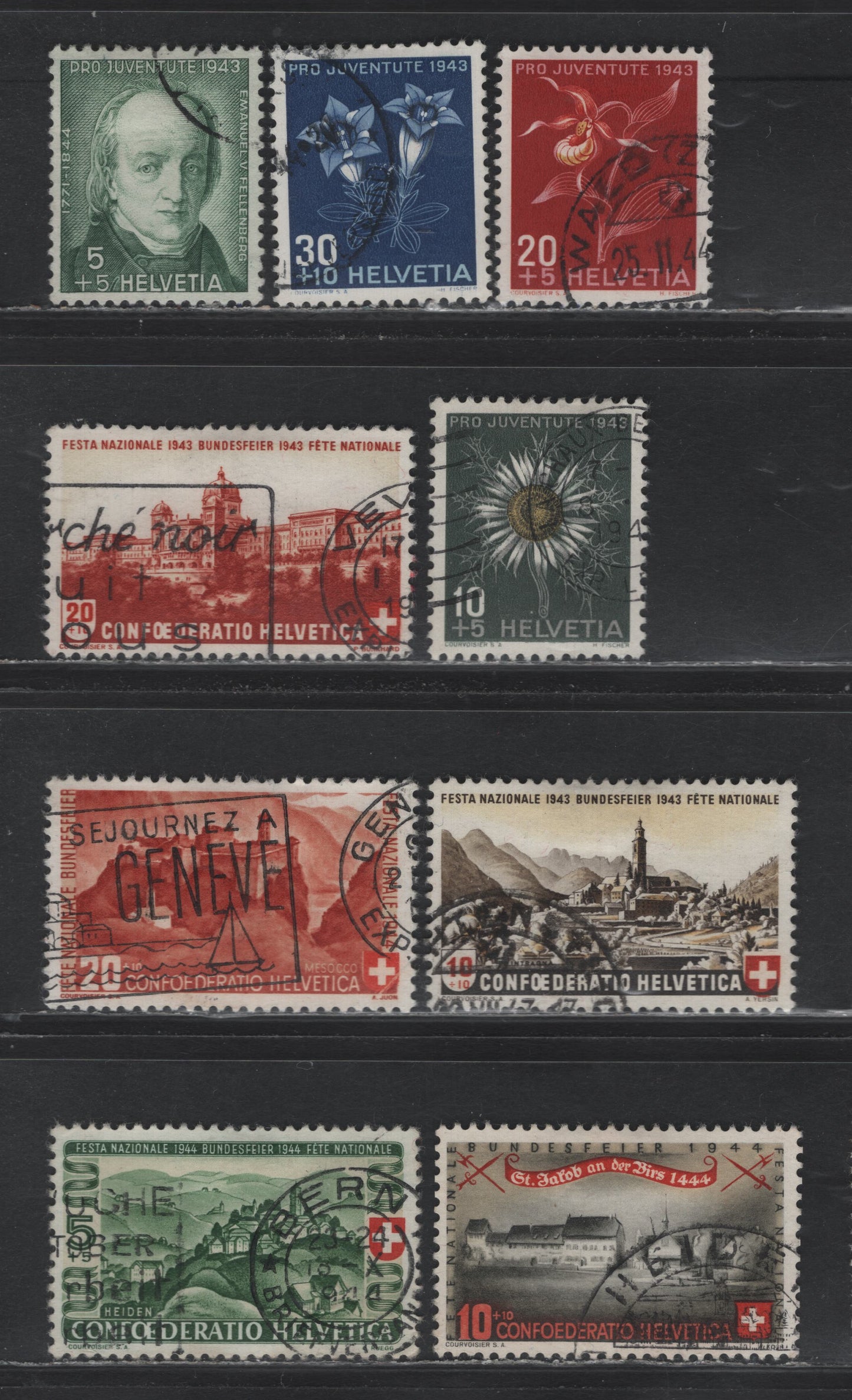 Lot 122 Switzerland Scott#B124-B129, B133-B136 10c+10c - 30c+10c Black Brown, Buff & Dark Red - Bright Ultramarine & Red , 1943-1944 National Fete Day - Semi Postal Issues, 9 Very Fine Used Singles