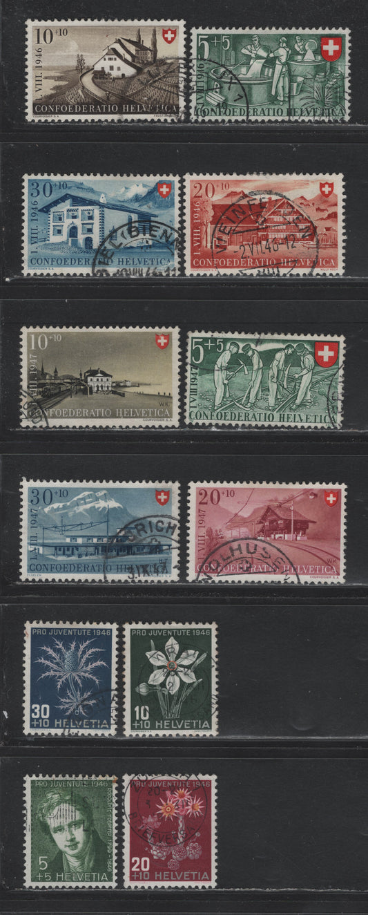 Lot 124 Switzerland Scott#B154-B165 5c+5c - 30c+10c Green - Dark Blue & Gray Lilac , 1946-1947 Semi Postal - Professional Education of Invalids Issues, 12 Fine/Very Fine Used Singles, B157 Has A Diagonal Crease At LR