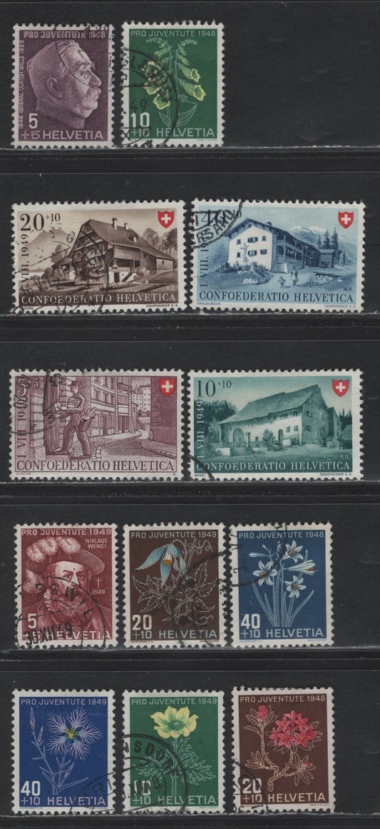 Lot 126 Switzerland Scott#B179-B188, B190 5c+5c - 40c+10c Dark Violet Brown - Blue, Lavender & Yellow , 1948-1949 Semi Postal Issues, 12 Very Fine Used Singles