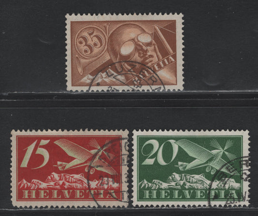 Lot 128 Switzerland Scott#C3-C4, C6 15c - 35c Brown Red & Apple Green - Brown & Buff , 1923-1925 Airmail Issue, 3 Very Fine Used Singles