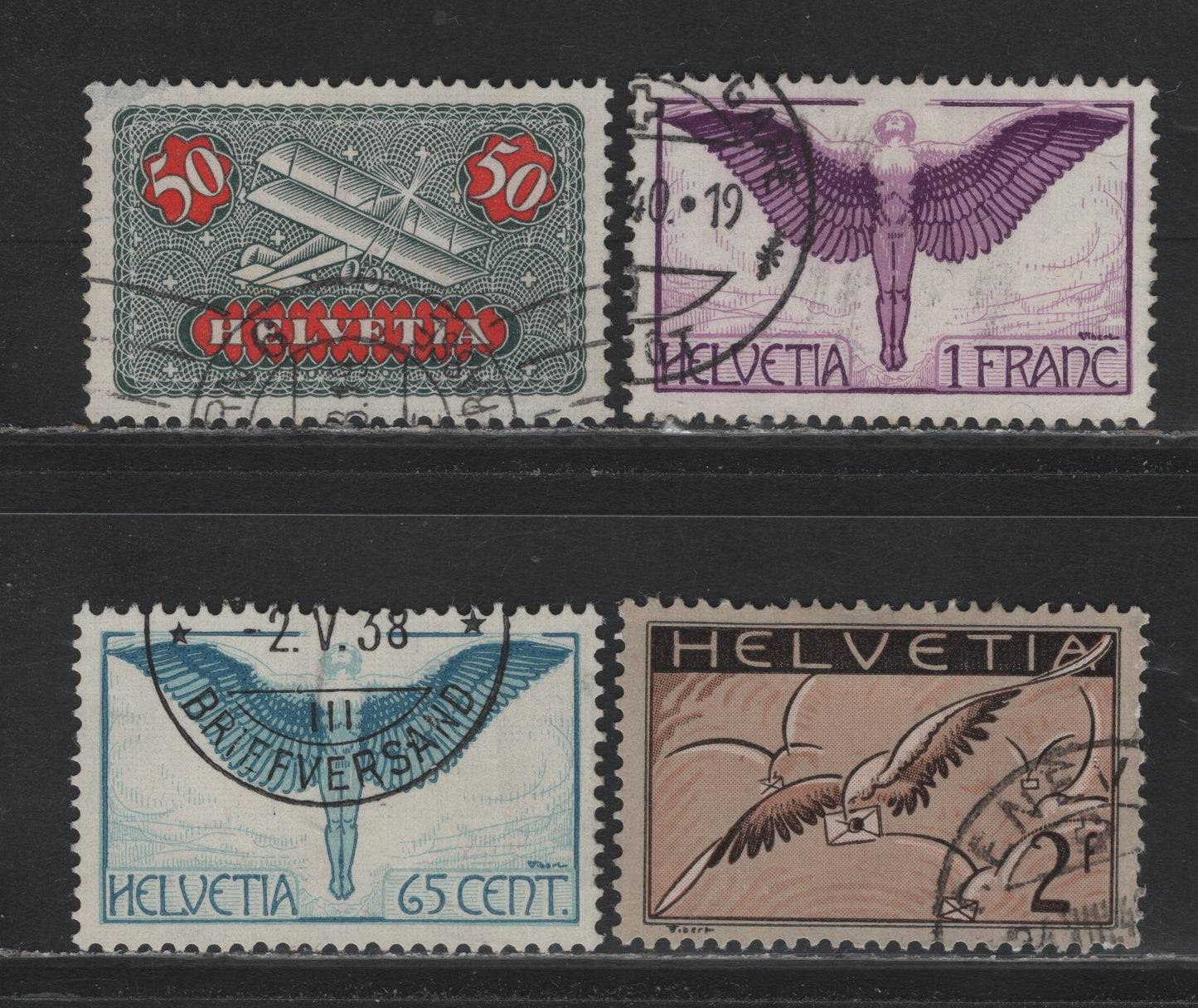 Lot 130 Switzerland Scott#C9a, C10a, C12a, C15a 50c - 1fr Gray Green & Scarlet - Violet & Deep Violet , 1933-1937 Airmail Issue, 4 Very Fine Used Singles, Grilled Gum