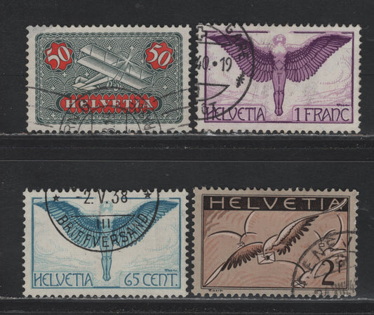 Lot 130 Switzerland Scott#C9a, C10a, C12a, C15a 50c - 1fr Gray Green & Scarlet - Violet & Deep Violet , 1933-1937 Airmail Issue, 4 Very Fine Used Singles, Grilled Gum
