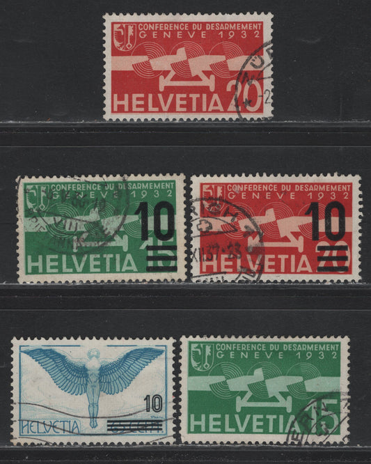 Lot 131 Switzerland Scott#C16-C17, C19-C20, C22 10 on 15c - 20c Green - Red , 1932-1936 Airmail Issue, 5 Very Fine used Singles
