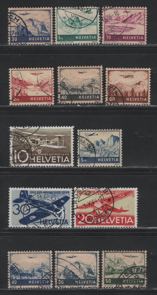 Lot 132 Switzerland Scott#C27-C34, C37-C39, C43-C44 30c - 40c Ultramarine - Deep Ultramarine , 1941-1948 Airmail Pictorial - Revised Airmail Pictorial Issues, 13 Very Fine used Singles