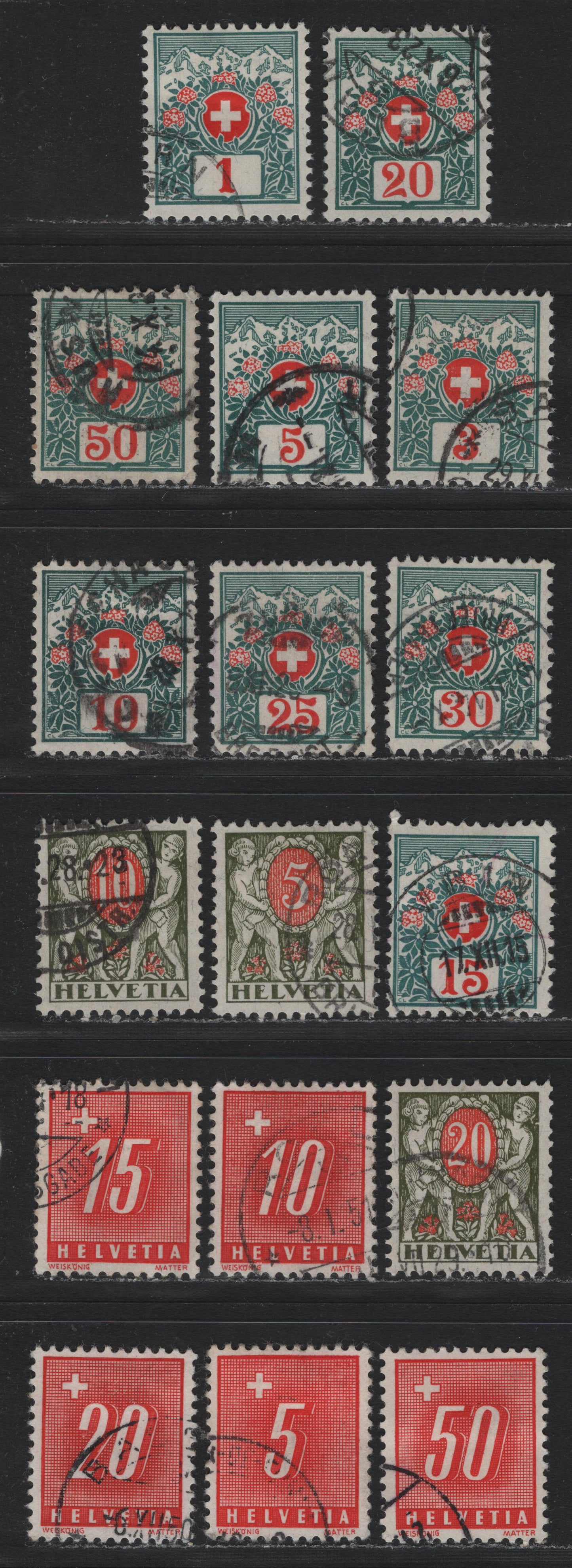 Lot 135 Switzerland Scott#J35-J43, J48, J49a, J51, J60, J61a, J62a, J63a, J67a 1c - 50c Blue Green & Red - Scarlet , 1910-1938 Postage Dues, 17 Fine/Very Fine Used Singles, Including 1938 Grilled Gum Printings