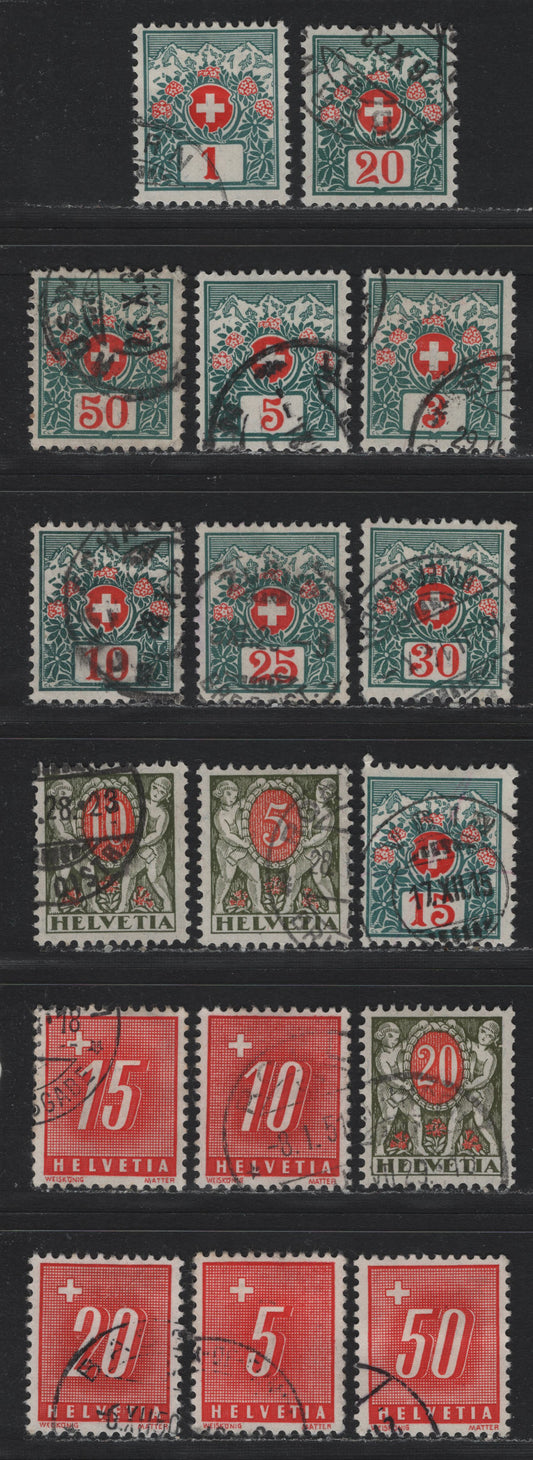 Lot 135 Switzerland Scott#J35-J43, J48, J49a, J51, J60, J61a, J62a, J63a, J67a 1c - 50c Blue Green & Red - Scarlet , 1910-1938 Postage Dues, 17 Fine/Very Fine Used Singles, Including 1938 Grilled Gum Printings