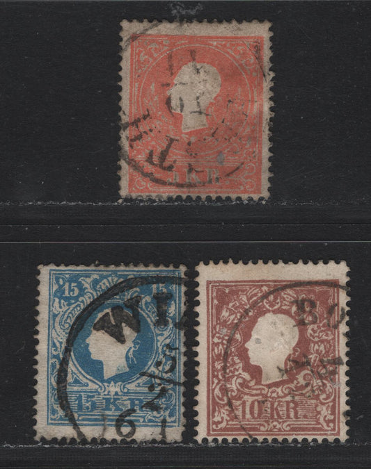 Lot 137 Austria Scott#9a, 10a, 11a 5kr - 15kr Red - Blue , 1858-1859 Embossed Franz Josef Issue, 3 Very Good/Fine Used Singles, Type 1, Showing Broken Loops At Back Of Head, Small Tear On 15kr.