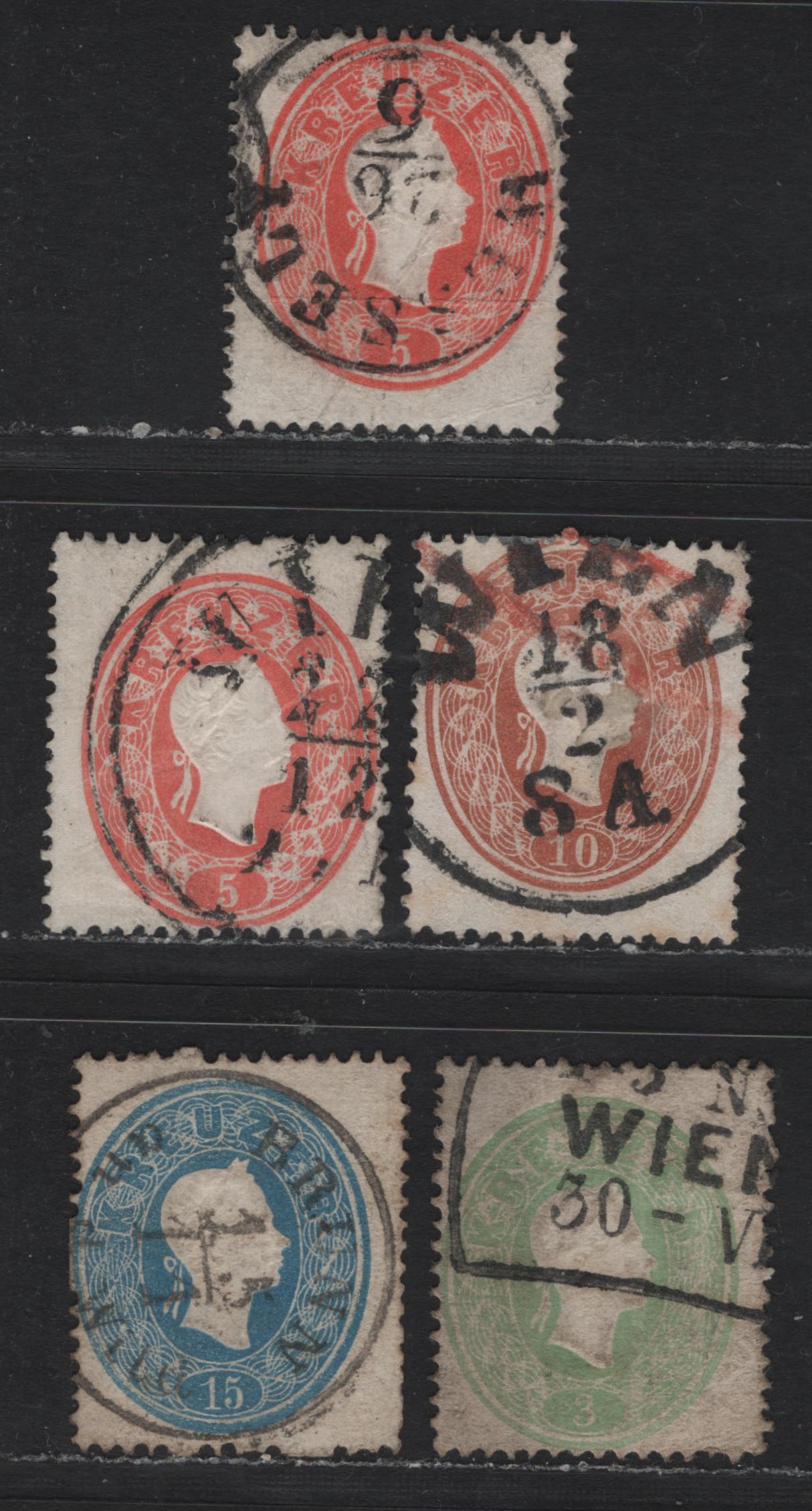 Lot 138 Austria Scott#13-16 3kr - 15kr Green - Blue , 1860-1861 Embossed Franz Josef Issue, 4 Fine Used Singles