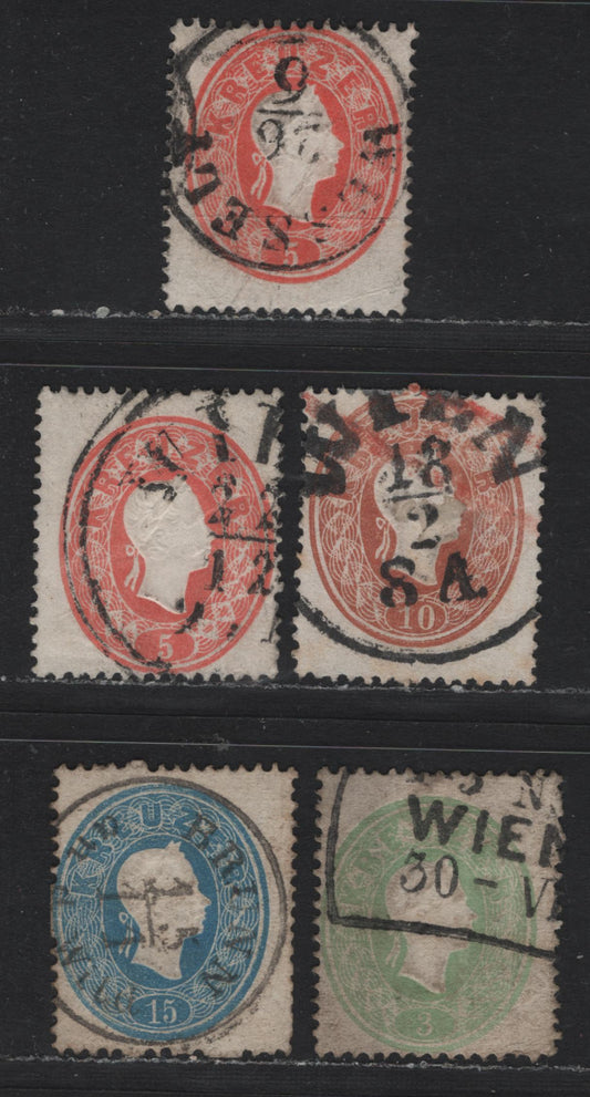 Lot 138 Austria Scott#13-16 3kr - 15kr Green - Blue , 1860-1861 Embossed Franz Josef Issue, 4 Fine Used Singles