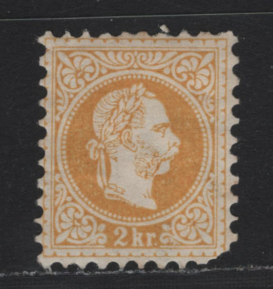 Lot 140 Austria Scott#27 2kr Yellow , 1867-1872 Franz Josef Issue, A FOG Single, Coarse Print, Perf 9.5, Rounded Corner.