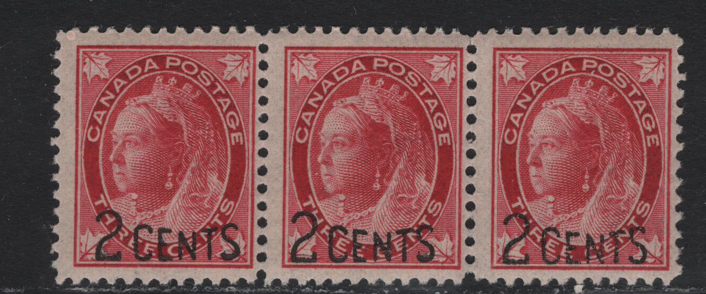 Lot 14 Canada (C) #87i 2c on 3c Carmine , 1899 Provisional Issue, A FOG/NH Strip Of 3, Narrow Spacing Between Stamps 1 & 2, ABN-Y Paper, Perf 11.9, Left Stamps Is NH, Other Two Have Glazed Gum.