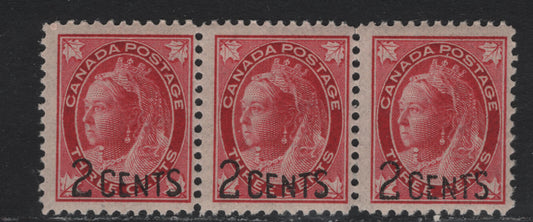 Lot 14 Canada (C) #87i 2c on 3c Carmine , 1899 Provisional Issue, A FOG/NH Strip Of 3, Narrow Spacing Between Stamps 1 & 2, ABN-Y Paper, Perf 11.9, Left Stamps Is NH, Other Two Have Glazed Gum.