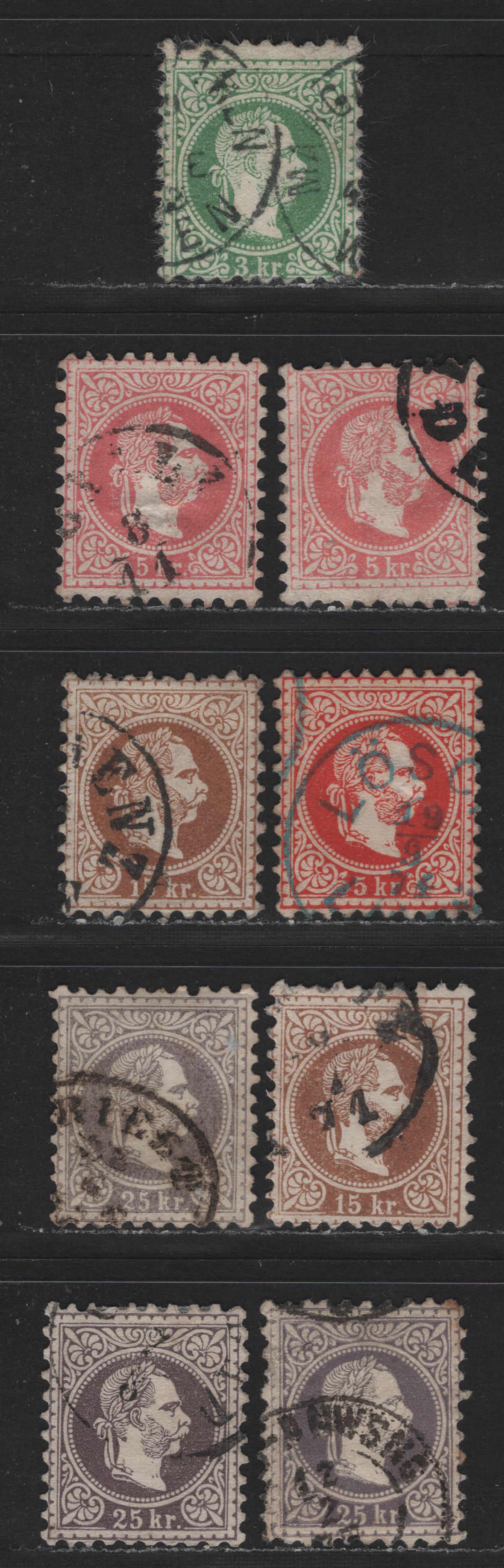 Lot 141 Austria (C) Scott#28, 29,a,e, 31, 32a 3kr - 25kr Green - Gray Lilac , 1867-1872 Franz Josef Issue, 9 Very Good/Fine/Very Fine Used Singles, Coarse Print, Perf 9.5, Includes Type 1 & 2 Of 5kr,And Several Other Varieties
