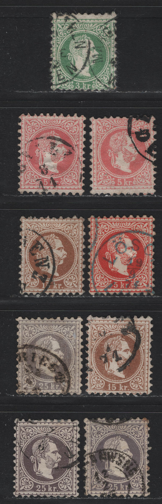 Lot 141 Austria (C) Scott#28, 29,a,e, 31, 32a 3kr - 25kr Green - Gray Lilac , 1867-1872 Franz Josef Issue, 9 Very Good/Fine/Very Fine Used Singles, Coarse Print, Perf 9.5, Includes Type 1 & 2 Of 5kr,And Several Other Varieties