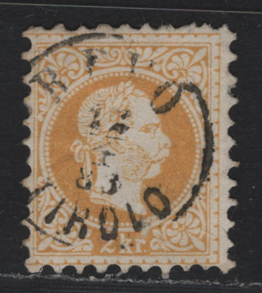 Lot 142 Austria Scott#34 2kr Yellow , 1874-1880 Franz Josef Issue, A Very Fine Used Single, SON 1883 Revo, Tyrol CDS, Perf 9.5, Fine Print.